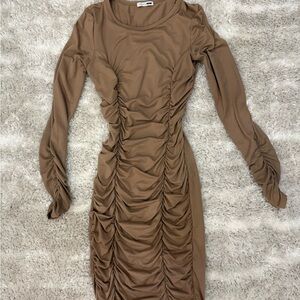 Fashion Nova Long Sleeve Brown Ruched Dress